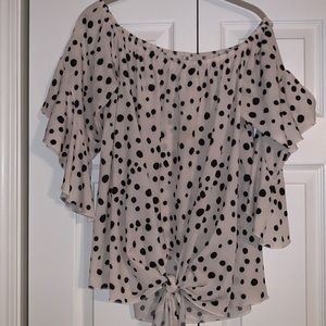 White/black polka dots off the shoulder top